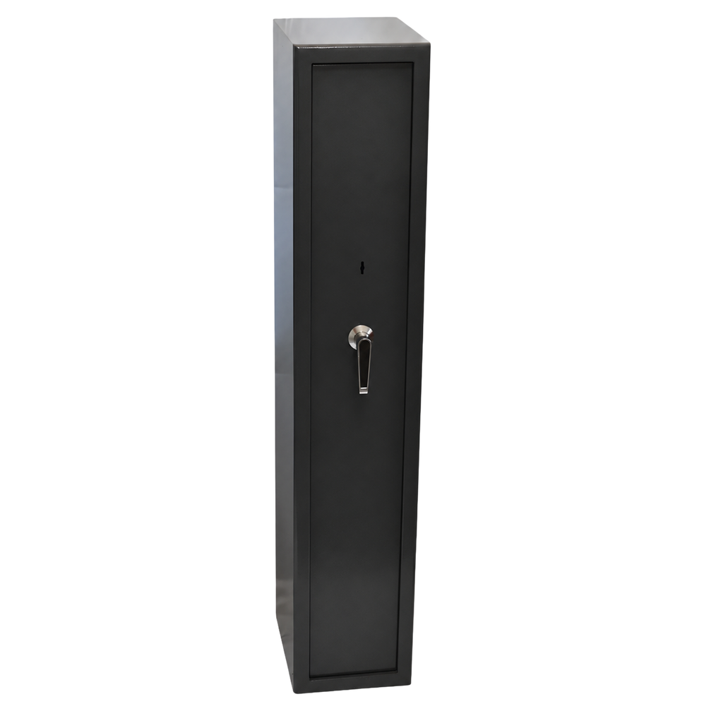 A tall, narrow black metal security safe or cabinet with a silver lever handle and keyhole, shown on a plain white background.