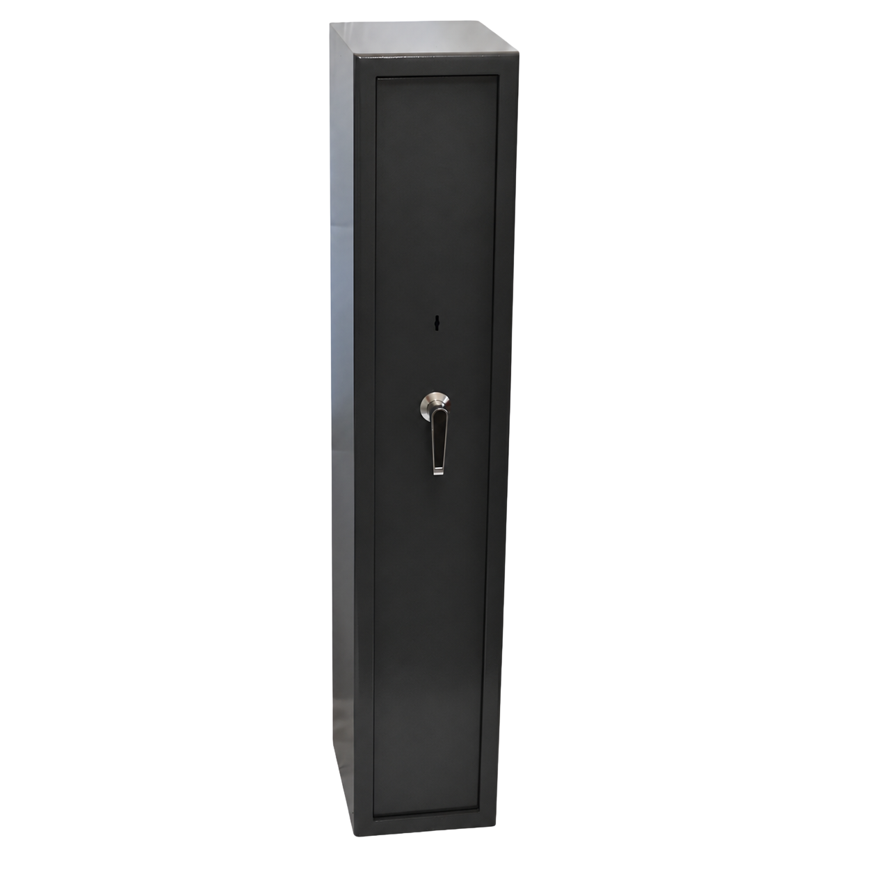 A tall, narrow black metal security safe or cabinet with a silver lever handle and keyhole, shown on a plain white background.
