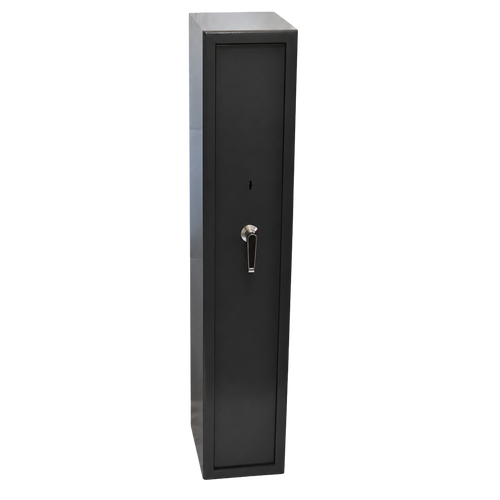 A tall, narrow black metal security safe or cabinet with a silver lever handle and keyhole, shown on a plain white background.